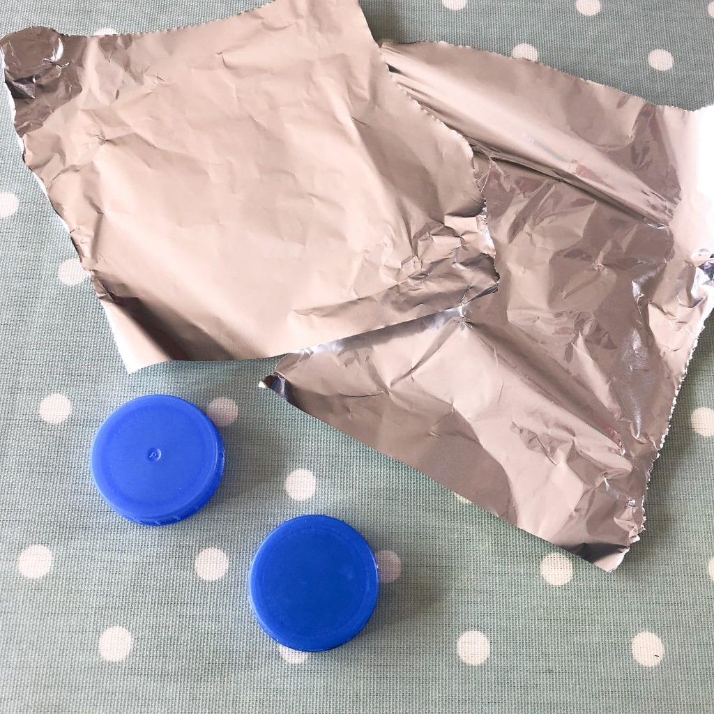 milk bottle tops and tin foil