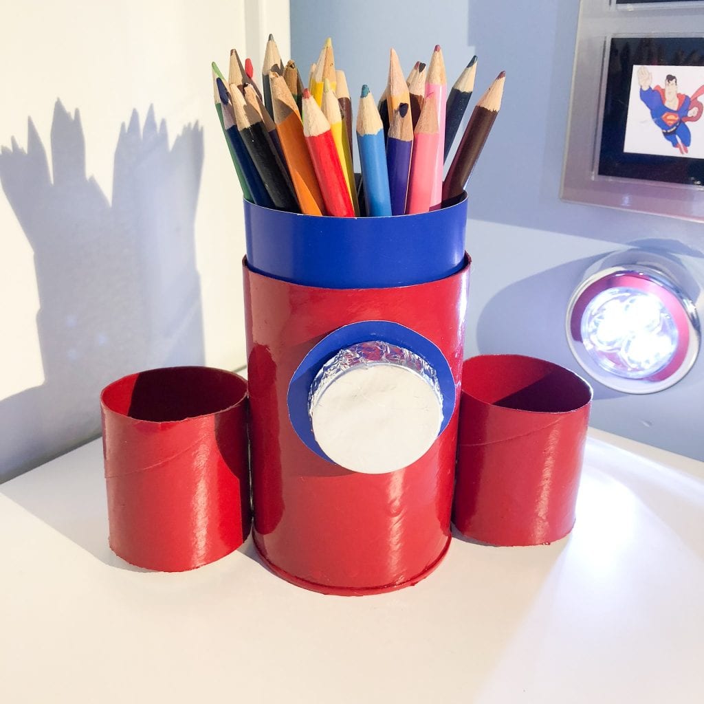 Finished space rocket desk tidy with pens in
