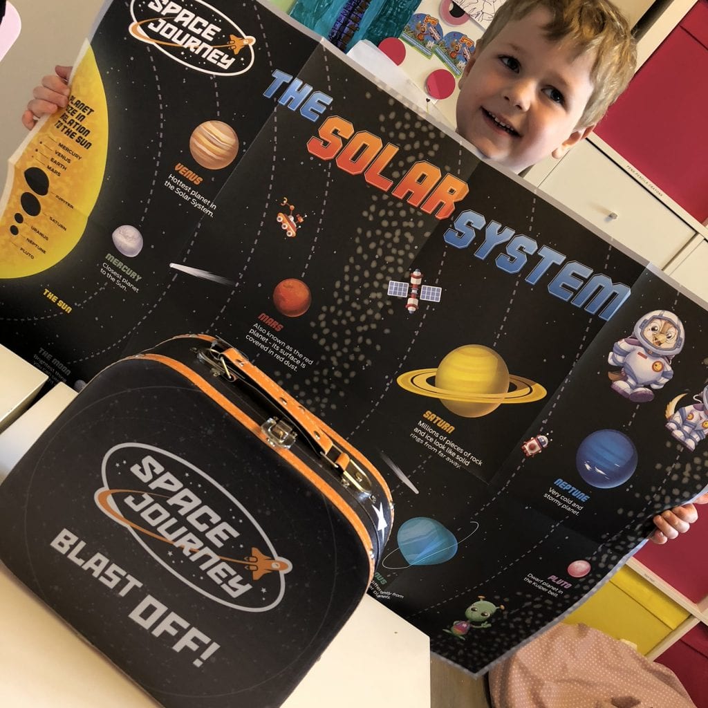 Oliver holding up a large poster of the solar system