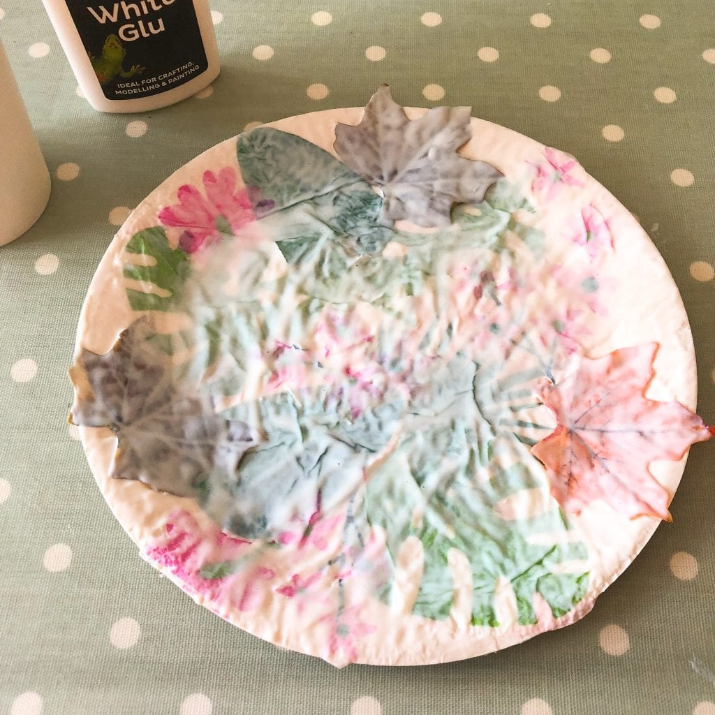 paper plate butterfly feeder with a layer of glue over it