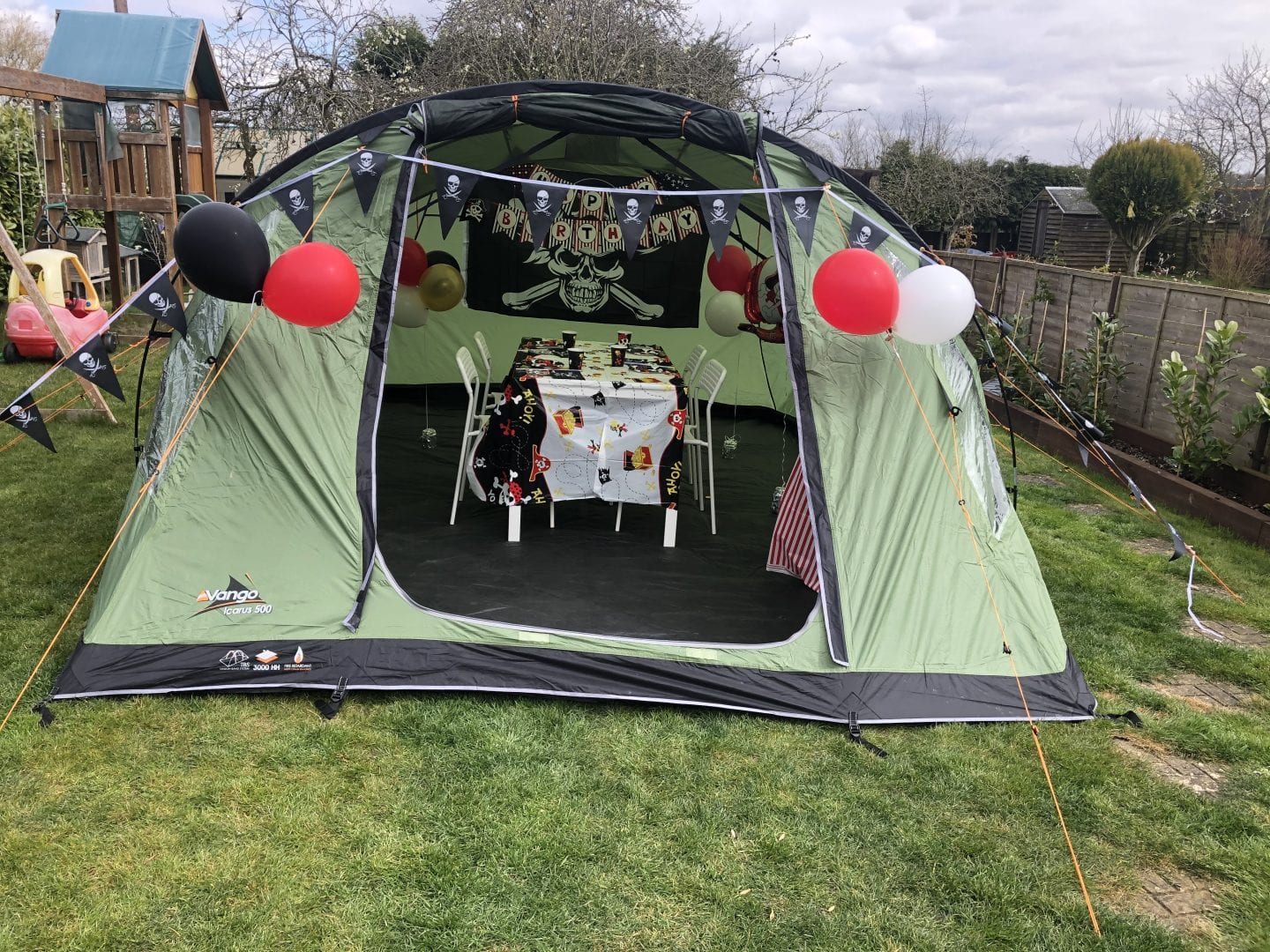 A tent decorated for a pirate party
