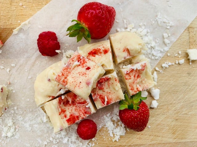 Eton messaround fudge- white chococlate fudge with marshmalows and strawberries