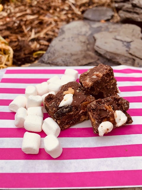 Rocky lane fudge. Chocolatey fudge with biscuit, raisins and mini marshmallows