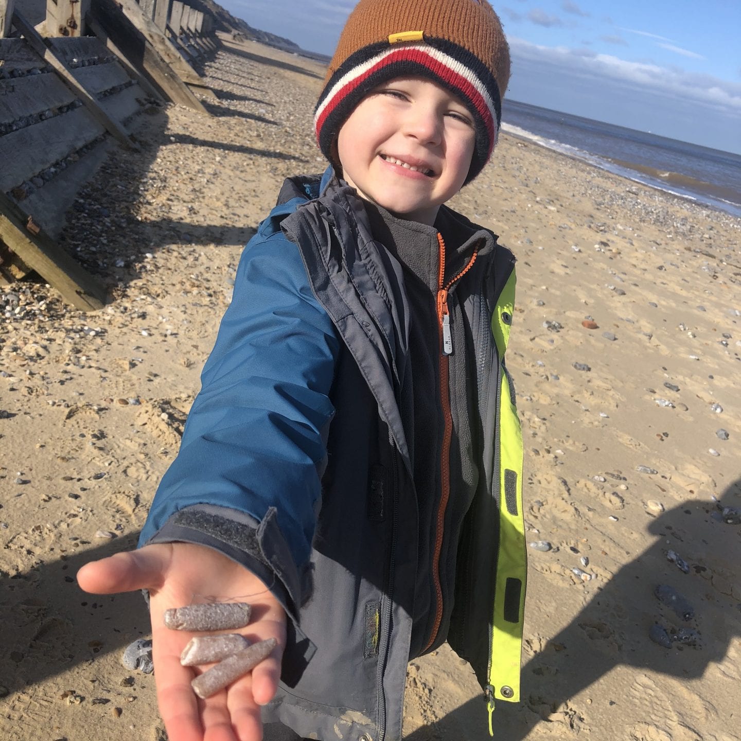 A boy holding some fossils