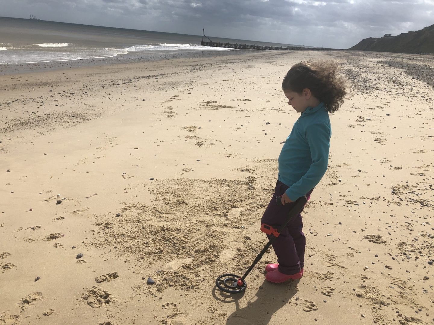 Young girl at the beach metal detecting.