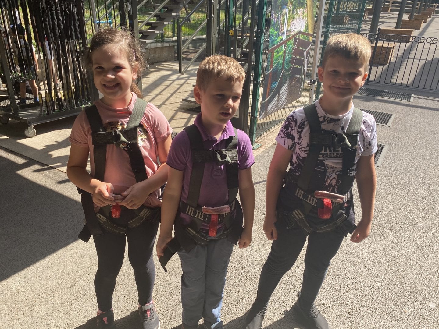 3 children in harnesses ready to go on the Predator high ropes