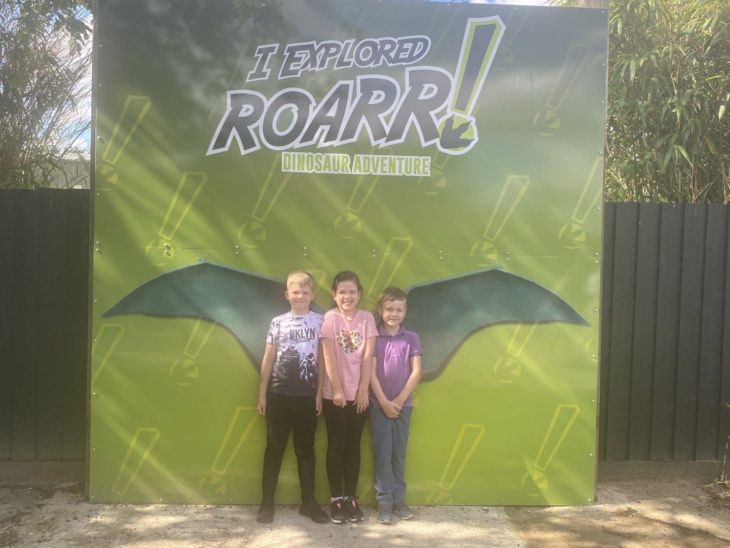 3 children stading in front of a poster of pterodactyl wings
