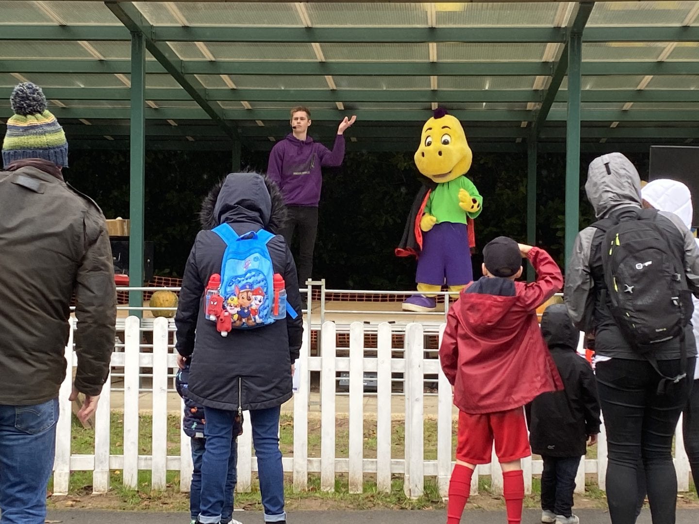 Dippy the Dinosaur on stage entertaining the kids.