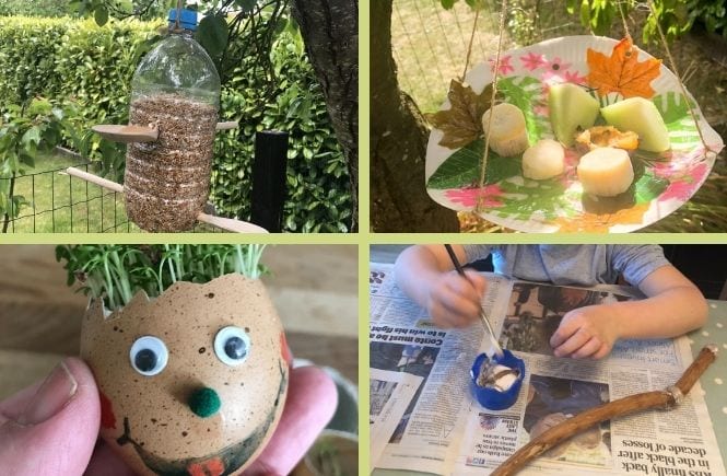 4 pictures- a homemade bird feeder made from a recucled plastic bottle, a butterfly feeder, a cress egg head and a young girl decorating a stick to make a wand.